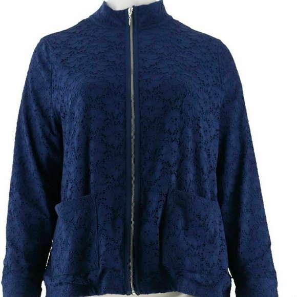 NWT DENIM & CO NAVY LACE ZIP FRONT JACKET SMALL - Picture 2 of 9